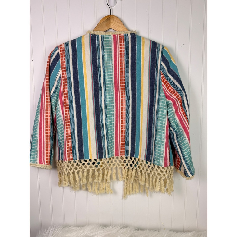 Multiples Petite Striped Macrame Fringe Jacket Multicolor Boho Button Front PS‎ - Picture 4 of 8